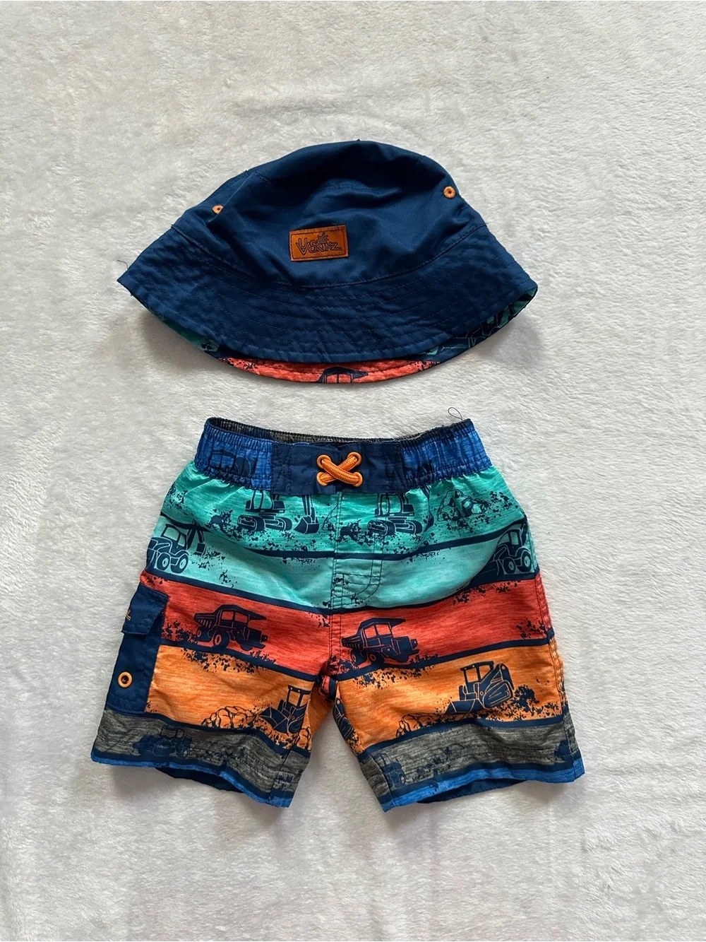 UV Skinz Construction Vehicle Swim Trunks & Matching Bucket Hat Toddler Boys 2T